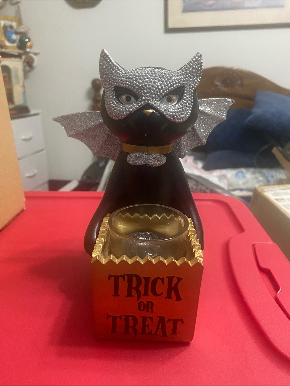Yankee Candle Black Cat Votive Holder with Silver Glitter Mask & Wings